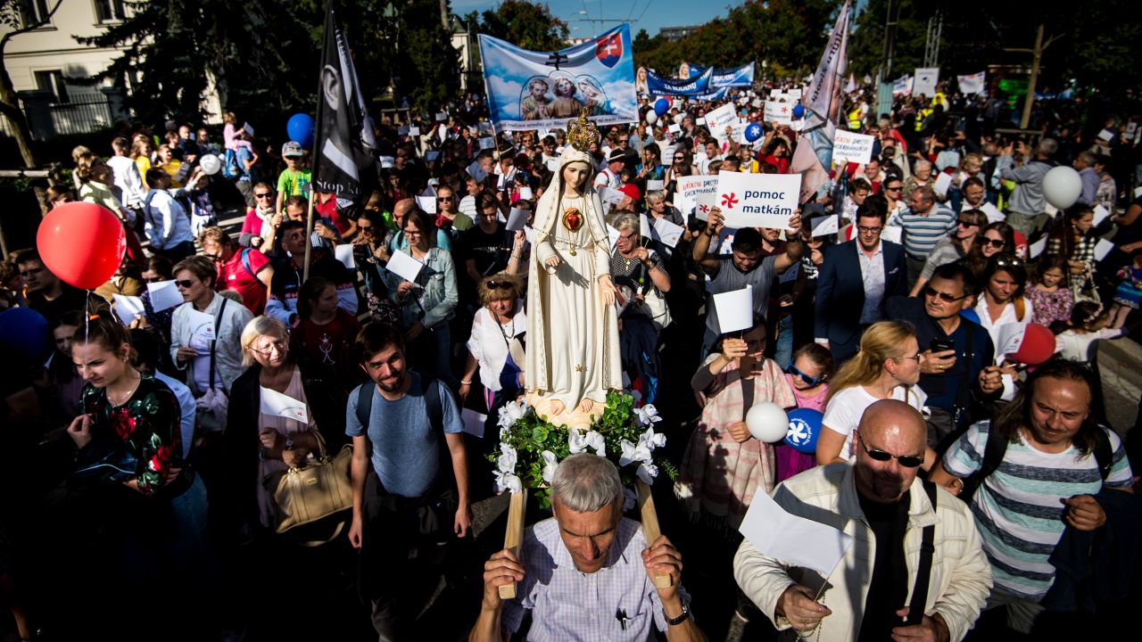 An anti-abortion protest "National March for Life," demanding a ban on abortions, in Bratislava, Slovakia on September 2019.