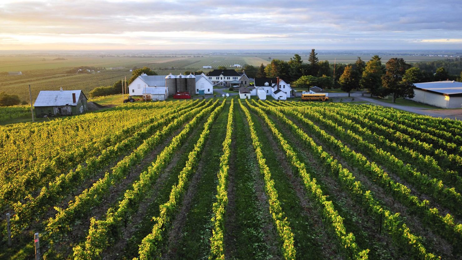 An overview shows the Coteau Rougemont winery, near Montreal.