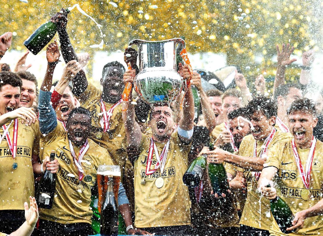 FC Midtjylland celebrating after winning the Danish Superliga in 2018. 