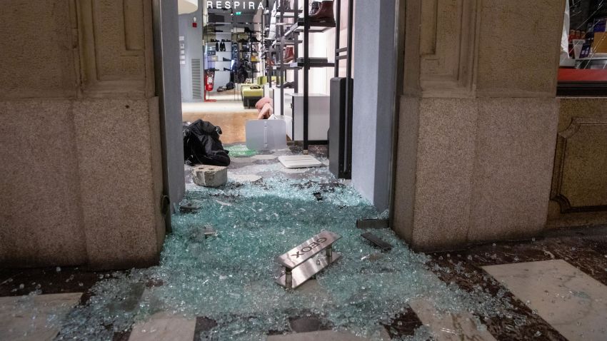 Damage and looting of downtown shops occurred after protesters clashed with riot police during a protest against the government-imposed blockade, in Turin, Italy, on October 26, 2020.  The protest is organized  to protest against the blockade to restaurant and bars and curfew imposed in the Piedmont Region and by the Italian Government of the evening lockdown which will start from today at 6pm to contain the coronavirus pandemic. (Photo by Mauro Ujetto/NurPhoto via Getty Images)