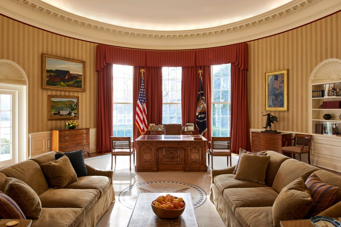 Inside the redecorated Oval Office, which was unveiled in 2010.