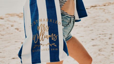 RichDesignCo Just Married Personalized Mrs. Beach Towel