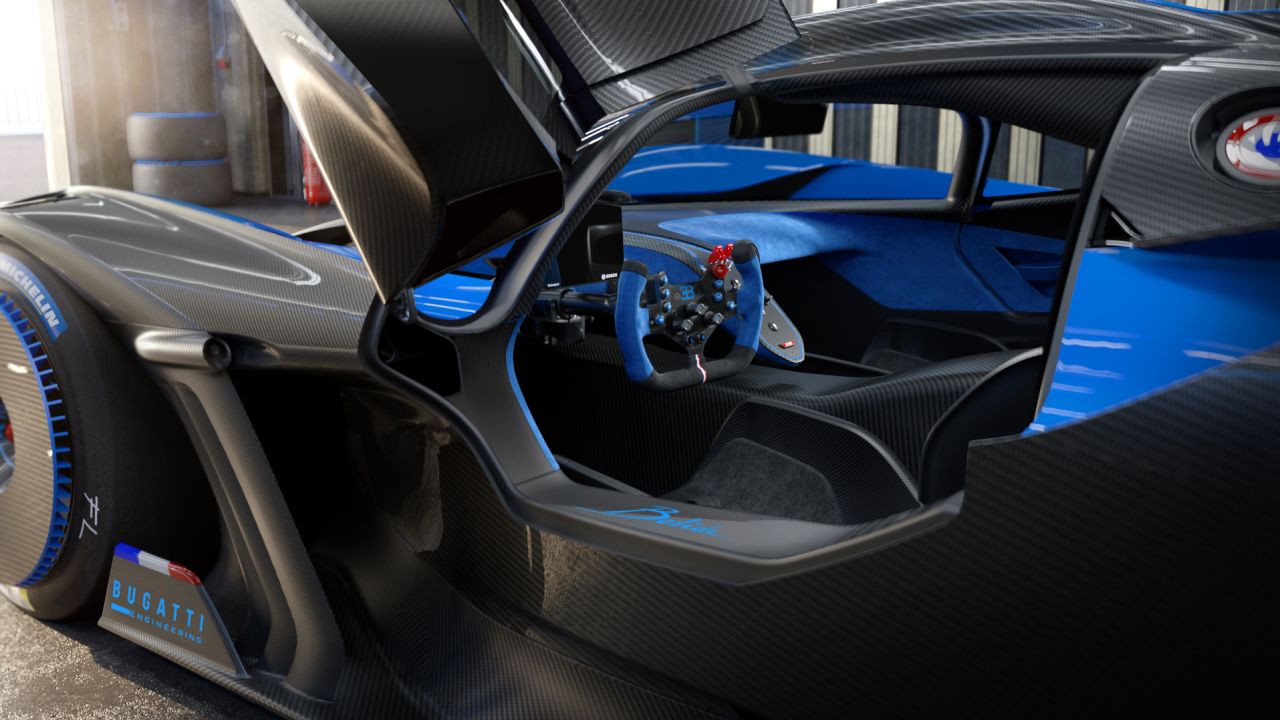 To save weight, the Bugatti Bolide's interior, shown in an illustration, has none of the shiny metal or quilted leather seen in some of Bugatti's other cars.