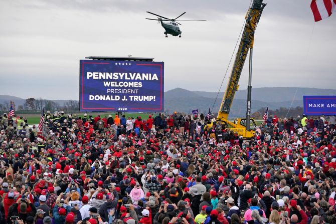 Marine One lands at an airport in Martinsburg, Pennsylvania, where a Trump rally was taking place on October 26.