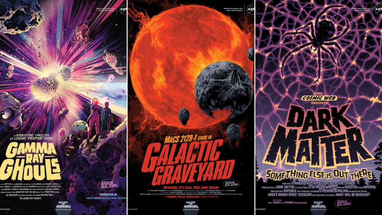 NASA's latest additions to their Galaxy of Horrors poster collection have released just in time for Halloween. They feature a deadly gamma ray burst, a dead galaxy and mysterious dark matter.