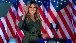 First lady Melania Trump arrives to speak at a campaign rally on Tuesday, Oct. 27, 2020, in Atglen, Pa. (AP Photo/Laurence Kesterson)