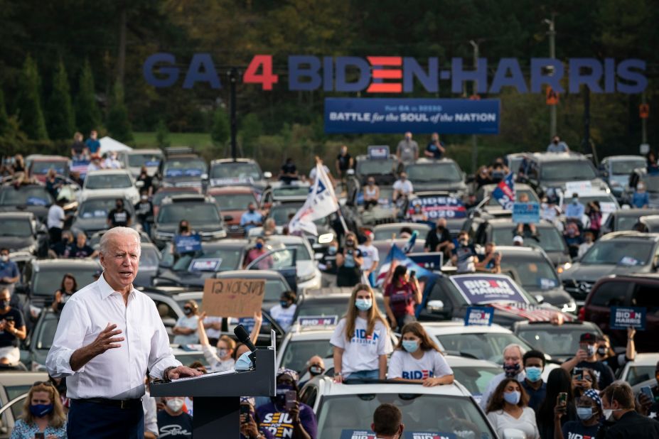 Biden speaks at a drive-in rally in Atlanta on October 27.
