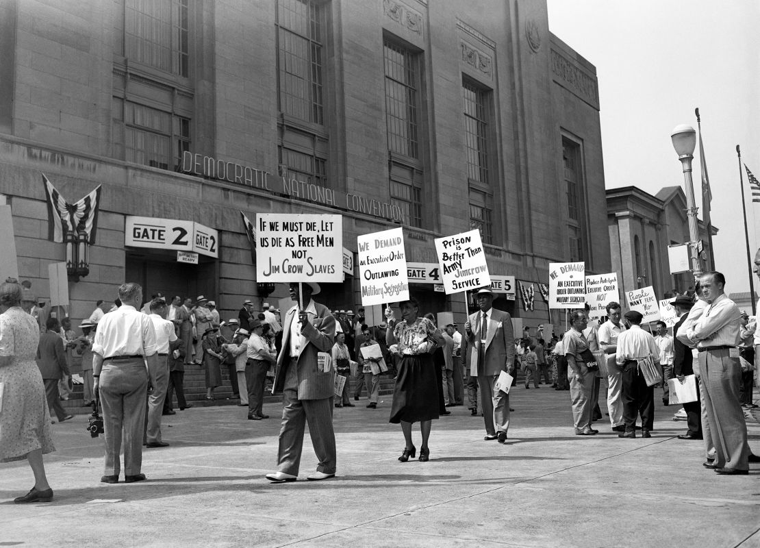 Picketers outside the 1948 Democratic National Convention demand equal rights in Philadelphia, Pennsylvania. 