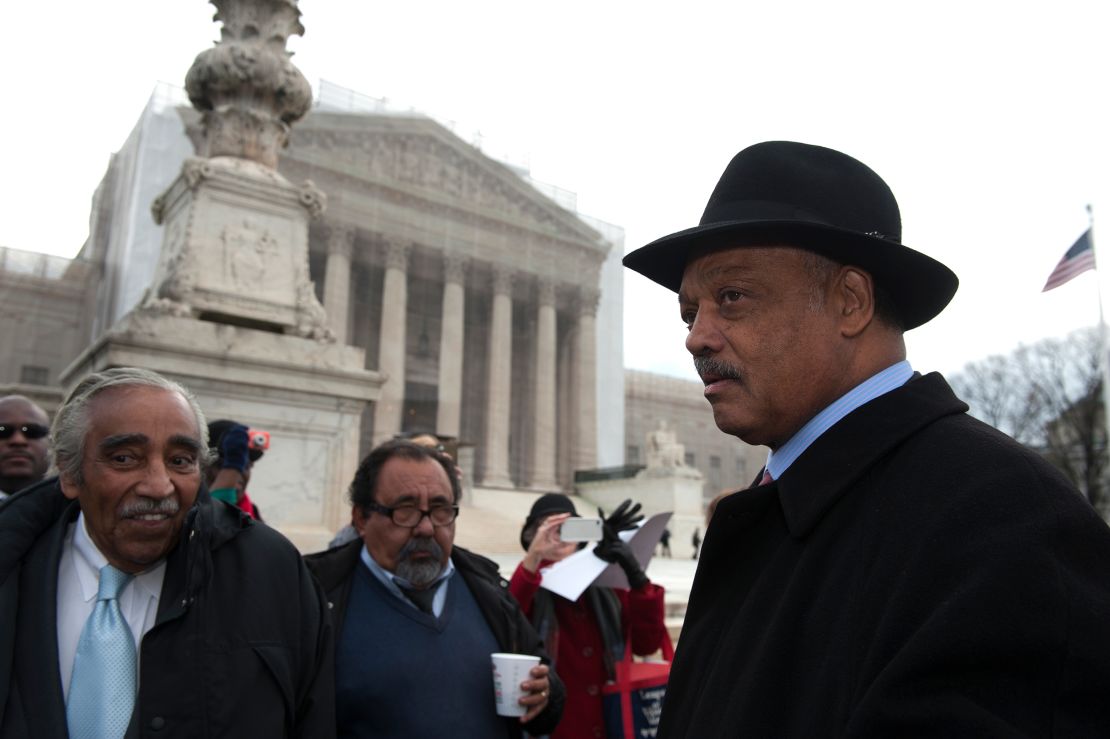 Rep. Charles B. Rangel of New York, Rep. Raul Grijalva of Arizona and the Rev. Jesse Jackson Sr. outside the Supreme Court as the Shelby County v. Holder oral arguments where set to begin on February 27, 2013.  