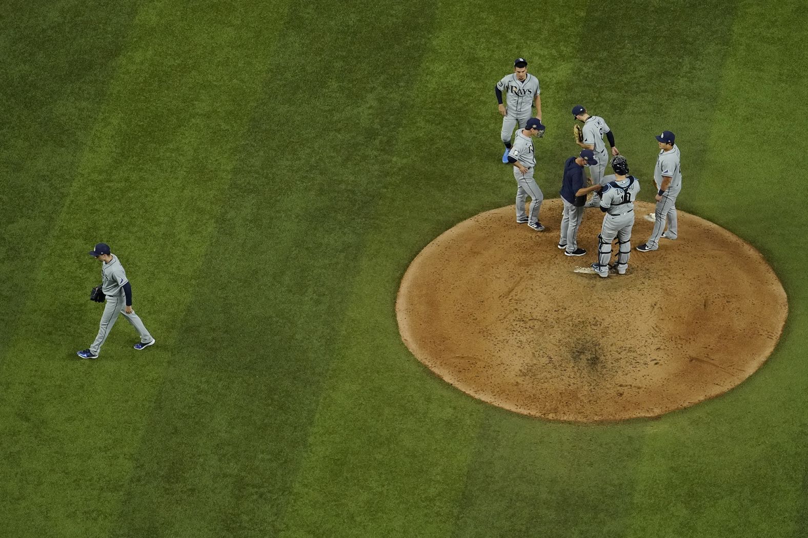 Tampa Bay Rays starting pitcher Blake Snell leaves the game against the Los Angeles Dodgers during the sixth inning.