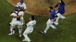 Los Angeles Dodgers celebrate after defeating the Tampa Bay Rays 3-1 to win the baseball World Series in Game 6 Tuesday, Oct. 27, 2020, in Arlington, Texas. (AP Photo/David J. Phillip)