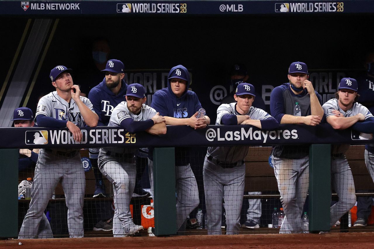 The Tampa Bay Rays look on from the dugout during the ninth inning. 