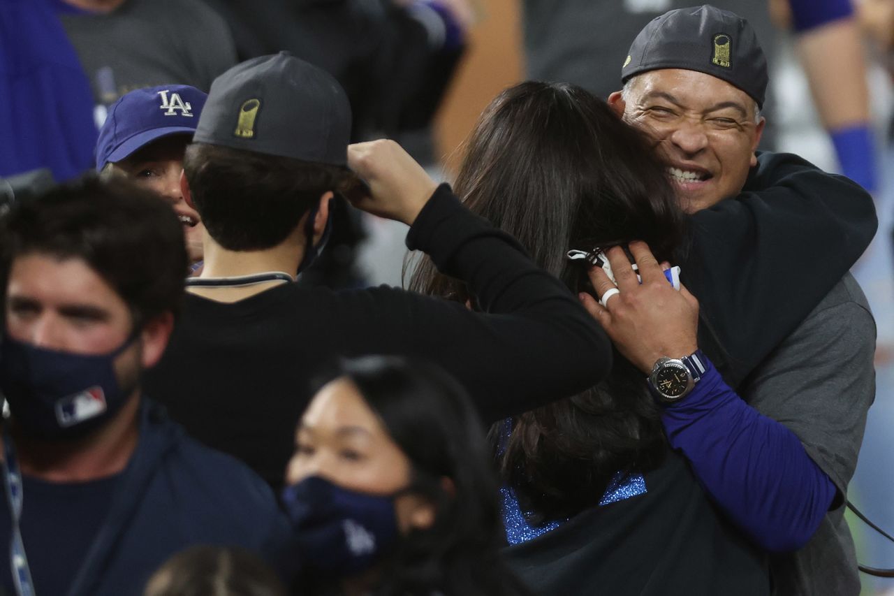 Los Angeles Dodgers Manager Dave Roberts celebrates after defeating the Tampa Bay Rays.