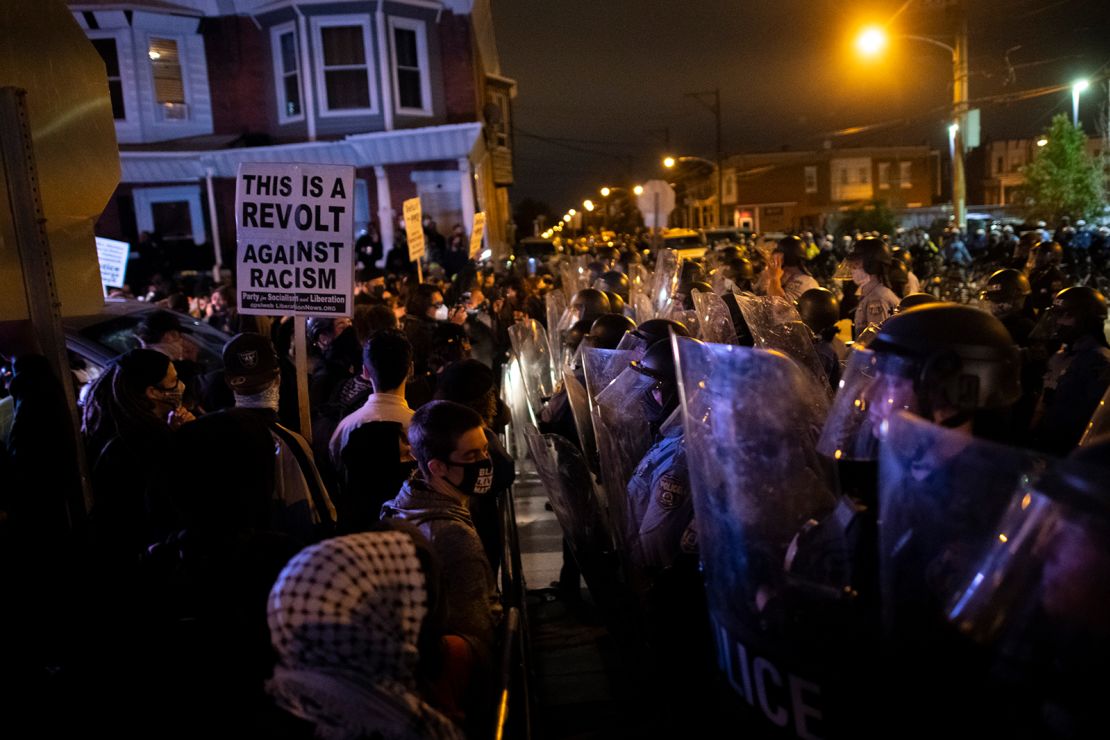 Demonstrators gather in protest near the location where Walter Wallace, Jr. was killed by two police officers on October 27, 2020 in Philadelphia.