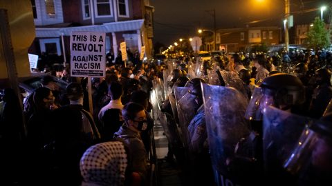 Demonstrators gather in protest near the location where Walter Wallace, Jr. was killed by two police officers on October 27, 2020 in Philadelphia.