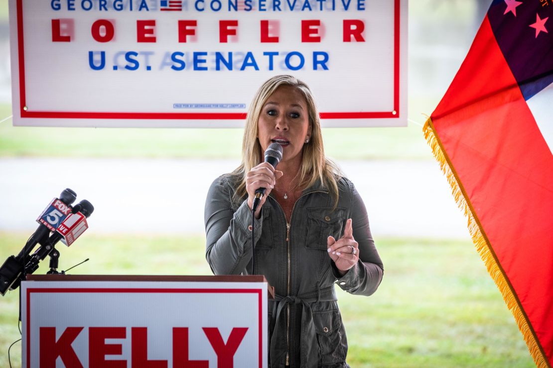 Georgia Republican House candidate Marjorie Taylor Greene endorses Sen. Kelly Loeffler during a press conference on October 15, 2020 in Dallas, Georgia.