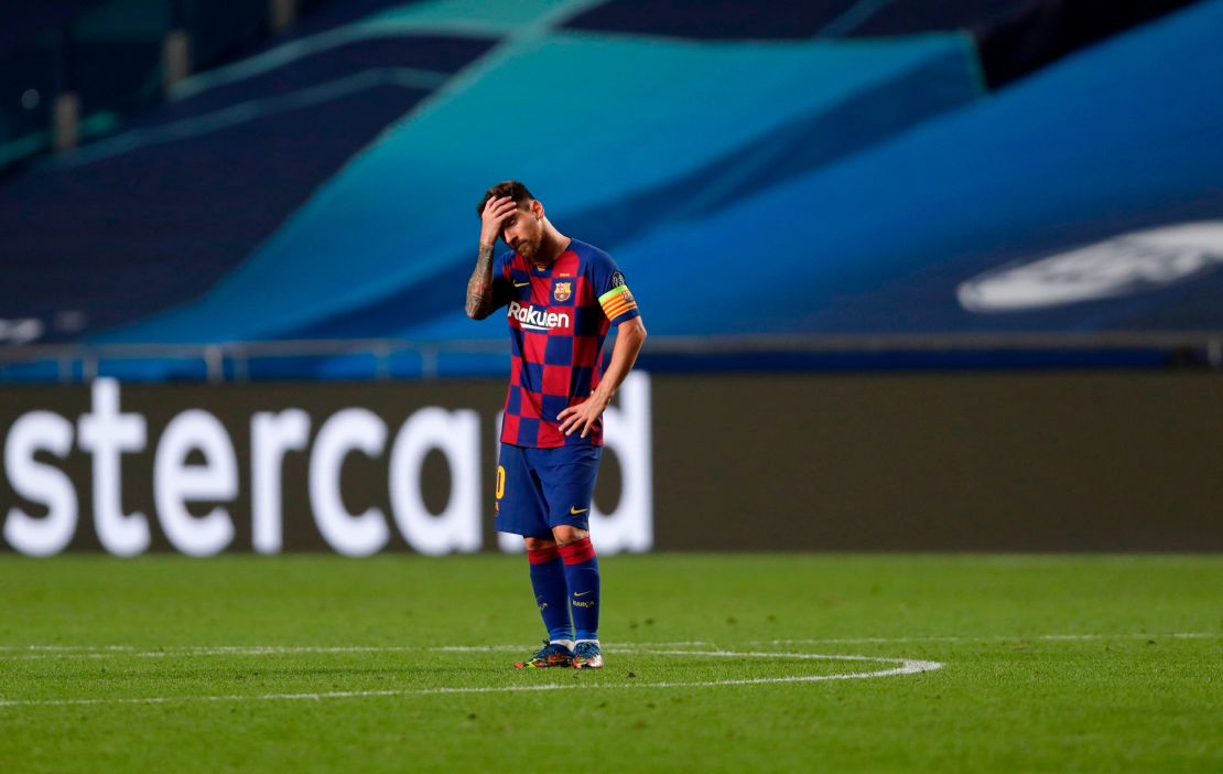 Messi reacts during the Champions League quarter-final match between Barcelona and Bayern Munich.
