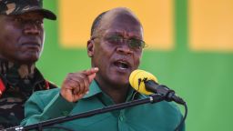 Tanzania's incumbent President and presidential candidate of ruling party Chama Cha Mapinduzi (CCM) John Magufuli (R) speaks during the official launch of the party's campaign for the October general election at the Jamhuri stadium in Dodoma, Tanzania, on August 29, 2020. - Voters will also select new MPs and ward councillors when they go to the polls on October 28. (Photo by ERICKY BONIPHACE / AFP) (Photo by ERICKY BONIPHACE/AFP via Getty Images)
