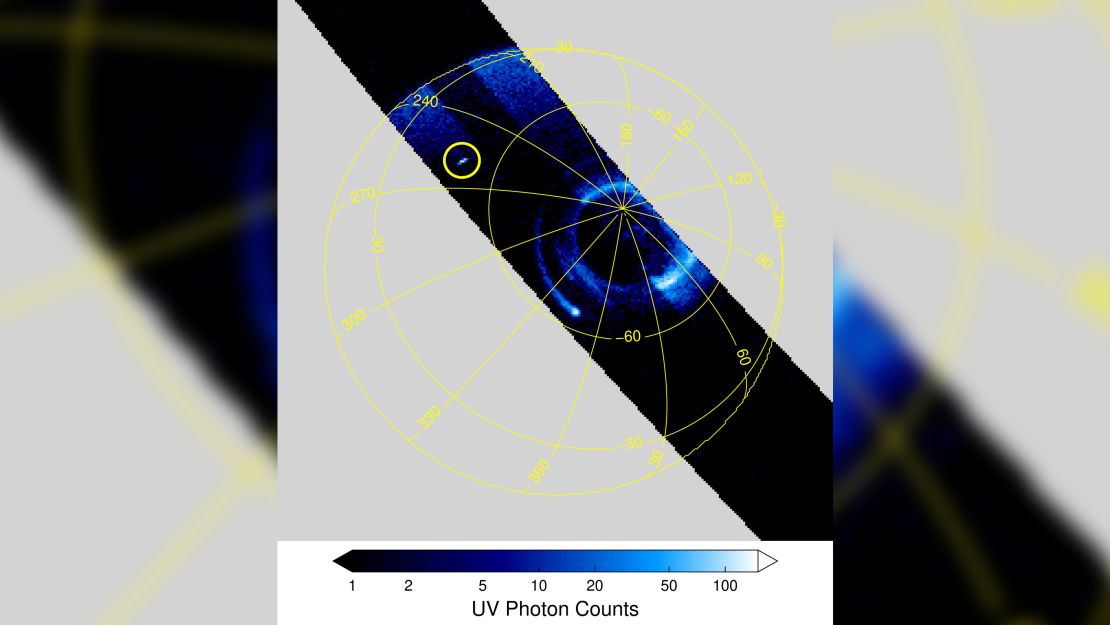 This image from Juno's ultraviolet spectrograph shows the south pole of Jupiter and a potential transient luminous event on April 10.