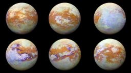 These six infrared images of Saturn's moon Titan represent some of the clearest, most seamless-looking global views of the icy moon's surface produced so far. The views were created using 13 years of data acquired by the Visual and Infrared Mapping Spectrometer (VIMS) instrument on board NASA's Cassini spacecraft. The images are the result of a focused effort to smoothly combine data from the multitude of different observations VIMS made under a wide variety of lighting and viewing conditions over the course of Cassini's mission.

Any full color image is comprised of three color channels: red, green and blue. Each of the three color channels combined to create these views was produced using a ratio between the brightness of Titan's surface at two different wavelengths (1.59/1.27 microns [red], 2.03/1.27 microns [green] and 1.27/1.08 microns [blue]). This technique (called a "band-ratio" technique) reduces the prominence of seams, as well as emphasizing subtle spectral variations in the materials on Titan's surface. For example, the moon's equatorial dune fields appear a consistent brown color here. There are also bluish and purplish areas that may have different compositions from the other bright areas, and may be enriched in water ice. (NASA/JPL-Caltech/University of Nantes/University of Arizona_
