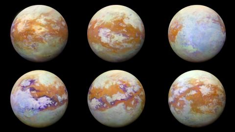 These images from the Cassini mission show the many sides of Titan and its thick atmosphere.