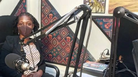 Camfed programmes officer, Diris, at the radio station to discuss Covid-19 and education. 