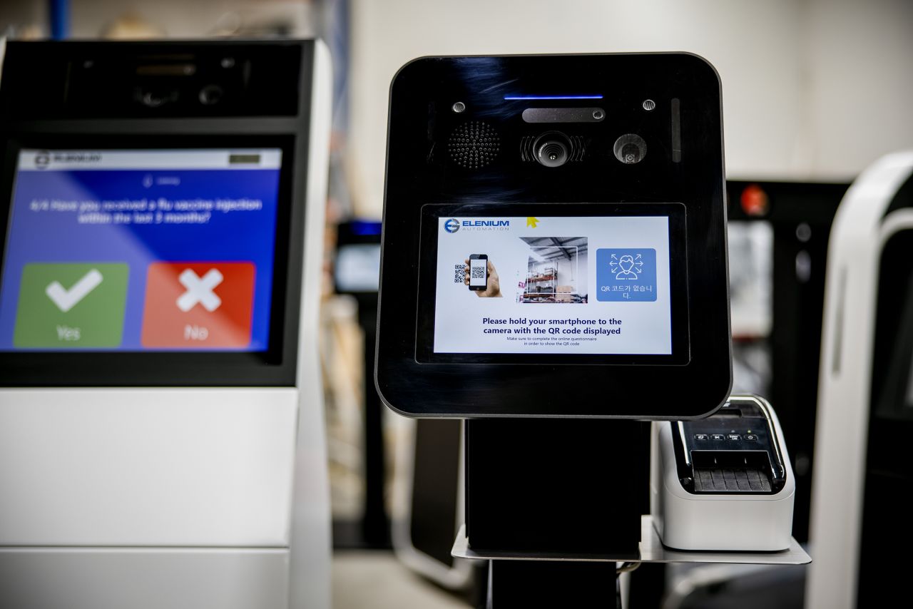 Tests for a <a href="https://edition.cnn.com/travel/article/air-travel-future-covid-19/index.html" target="_blank">contactless voice-activated kiosk</a> are underway at Abu Dhabi International Airport. Developed in a partnership between Etihad Airways and Australian company Elenium Automation, the kiosk is able to monitor a passenger's temperature, heart and respiratory rate before check-in. The system automatically suspends the self-service check-in or bag-drop process if a passenger's vital signs indicate potential symptoms of illness.