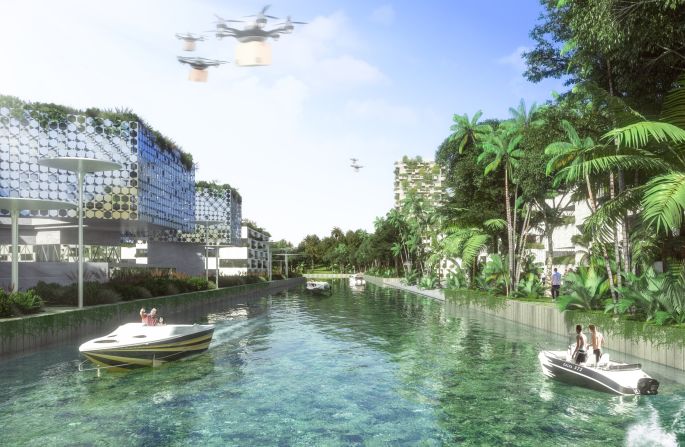 <strong>Smart Forest City, Mexico</strong> - Italian architects Stefano Boeri Architetti designed this <a href="index.php?page=&url=https%3A%2F%2Fwww.stefanoboeriarchitetti.net%2Fen%2Fproject%2Fsmart-forest-city-cancun%2F" target="_blank" target="_blank">"Forest City"</a> for 130,000 inhabitants in Cancun, Mexico. In its plans the city is surrounded by a ring of solar panels and fields for agriculture, which would be irrigated by a water channel connected by an underwater pipe. 