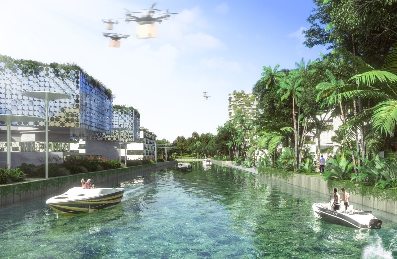 <strong>Smart Forest City, Mexico</strong> - Italian architects Stefano Boeri Architetti designed this <a href="https://www.stefanoboeriarchitetti.net/en/project/smart-forest-city-cancun/" target="_blank" target="_blank">"Forest City"</a> for 130,000 inhabitants in Cancun, Mexico. In its plans the city is surrounded by a ring of solar panels and fields for agriculture, which would be irrigated by a water channel connected by an underwater pipe. 