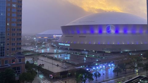 A break in the clouds is seen above the New Orleans Superdome as the eye of the storm passed over the city on Wednesday.