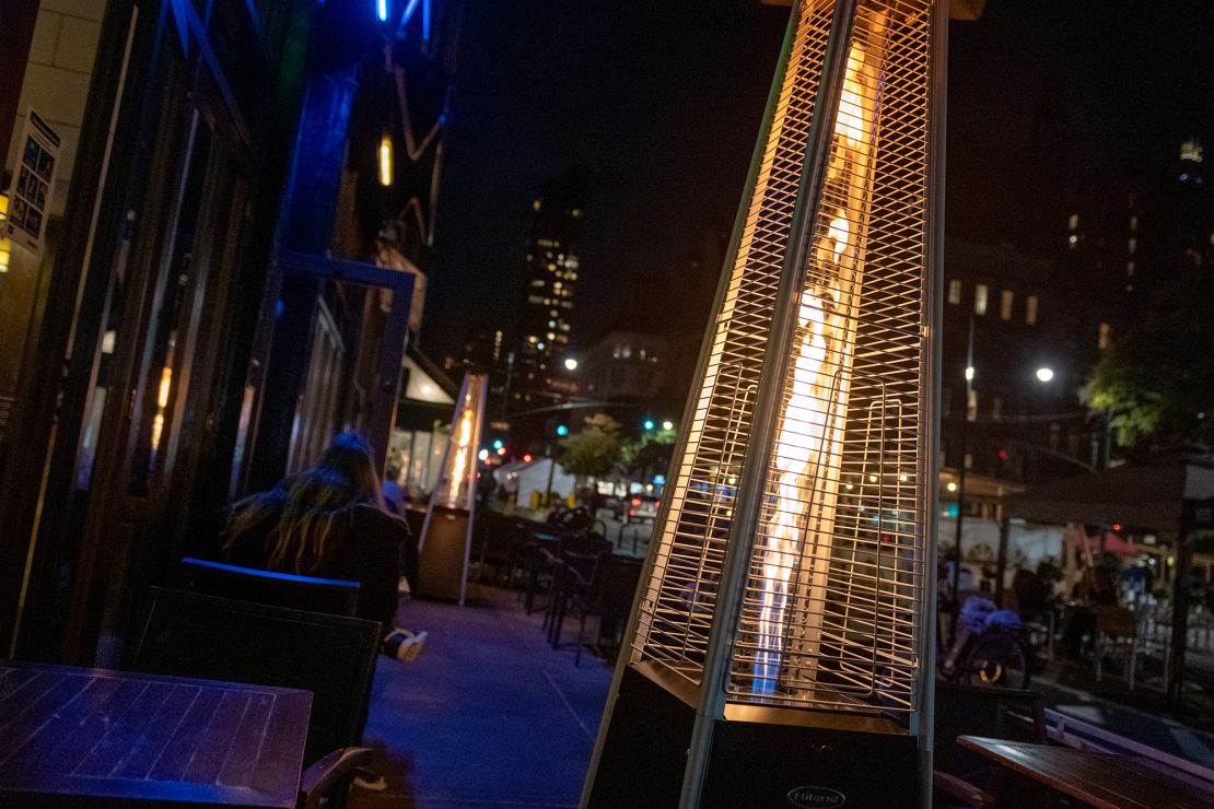A heater near outdoor tables at Tenzan restaurant on October 18, 2020 in New York City.
