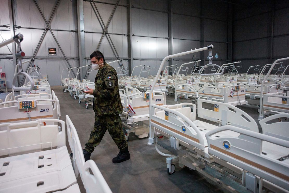 An army officer at the Covid-19 field hospital in Prague on October 22, built by the Czech army, with a capacity of 500 beds.