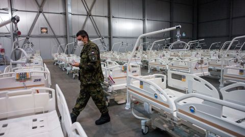 An army officer at the Covid-19 field hospital in Prague on October 22, built by the Czech army, with a capacity of 500 beds.