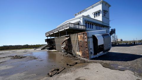 A tractor trailer is seen overturned Thursday in Lakeshore, Mississippi, in the aftermath of Hurricane Zeta.