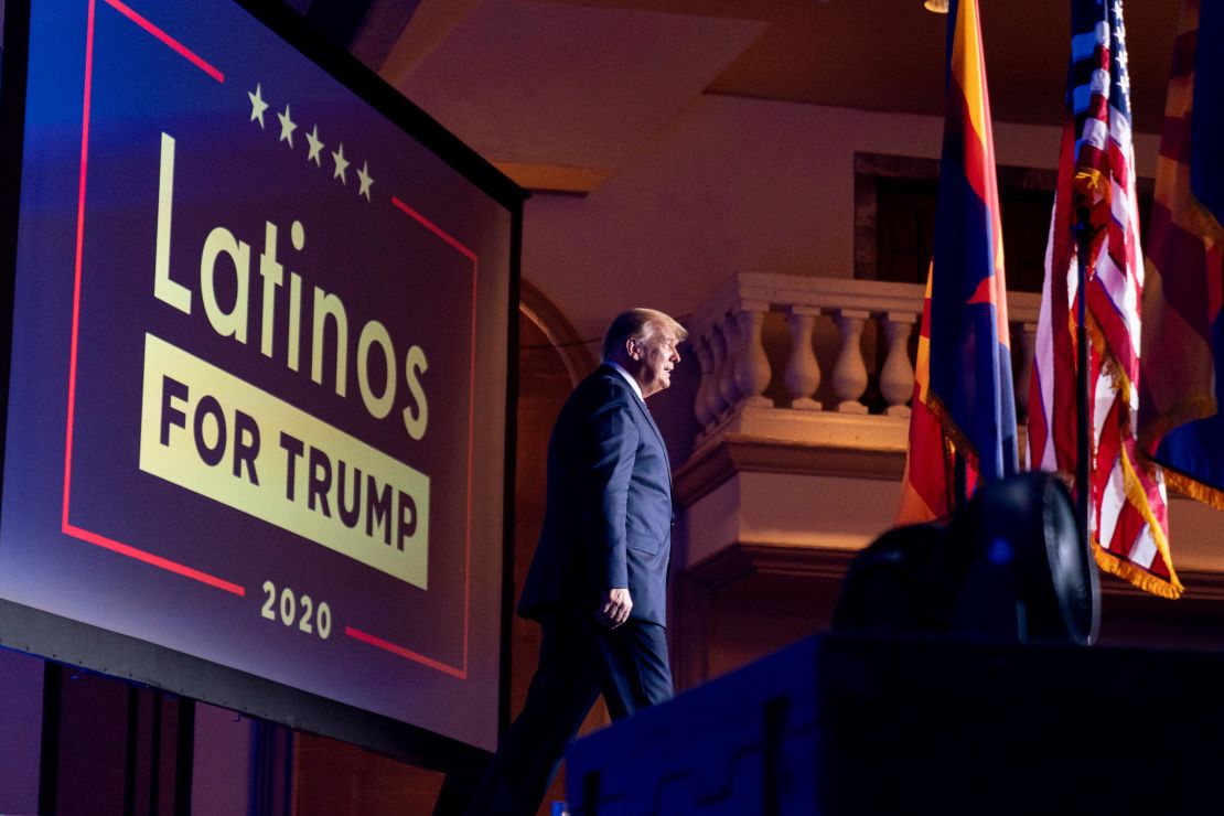 In this September 14, 2020 photo, President Donald Trump arrives for a Latinos for Trump Coalition roundtable at Arizona Grand Resort & Spa in Phoenix.