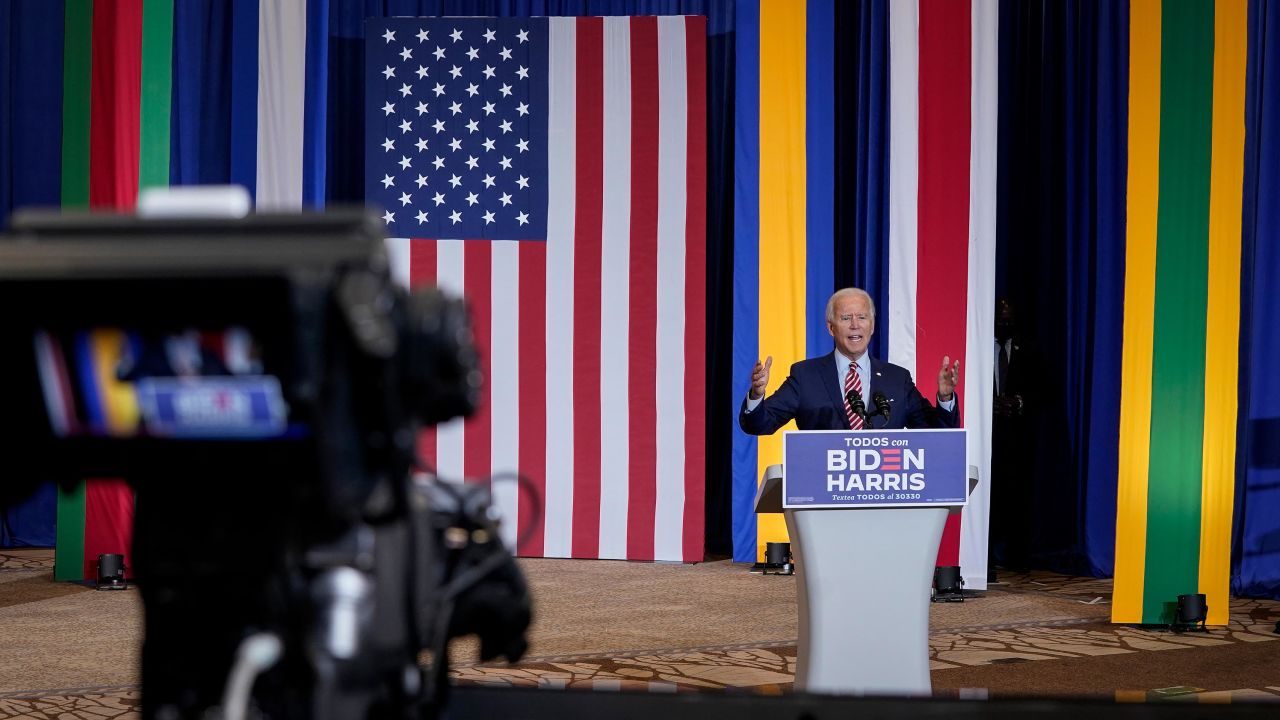 Democratic presidential nominee and former Vice President Joe Biden speaks at a Hispanic heritage event at Osceola Heritage Park on September 15, 2020 in Kissimmee, Florida. National Hispanic Heritage Month in the United States runs from September 15th to October 15th. 