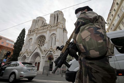 A French soldier stands by the Notre-Dame Basilica in Nice, France, after a knife attack there on Thursday, October 29.
