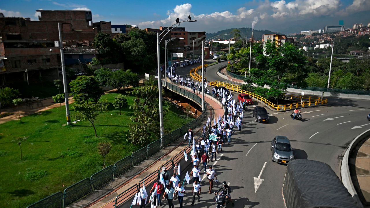 Aerial view of former FARC guerrilla fighters beginning a march toward Bogota on Oct. 29, 2020, demanding peace accords be respected.