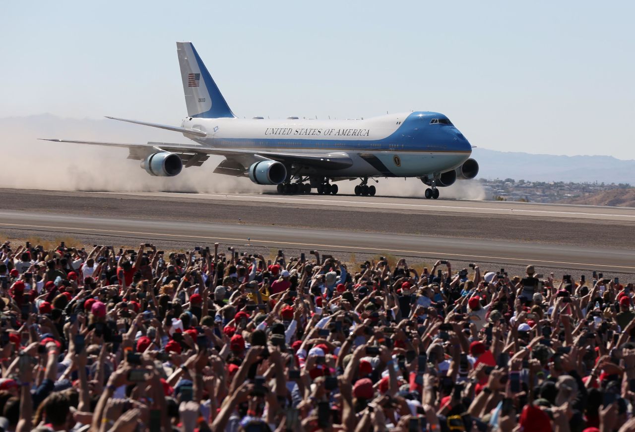 Trump, aboard Air Force One, arrives for a rally in Bullhead City, Arizona, on October 28.