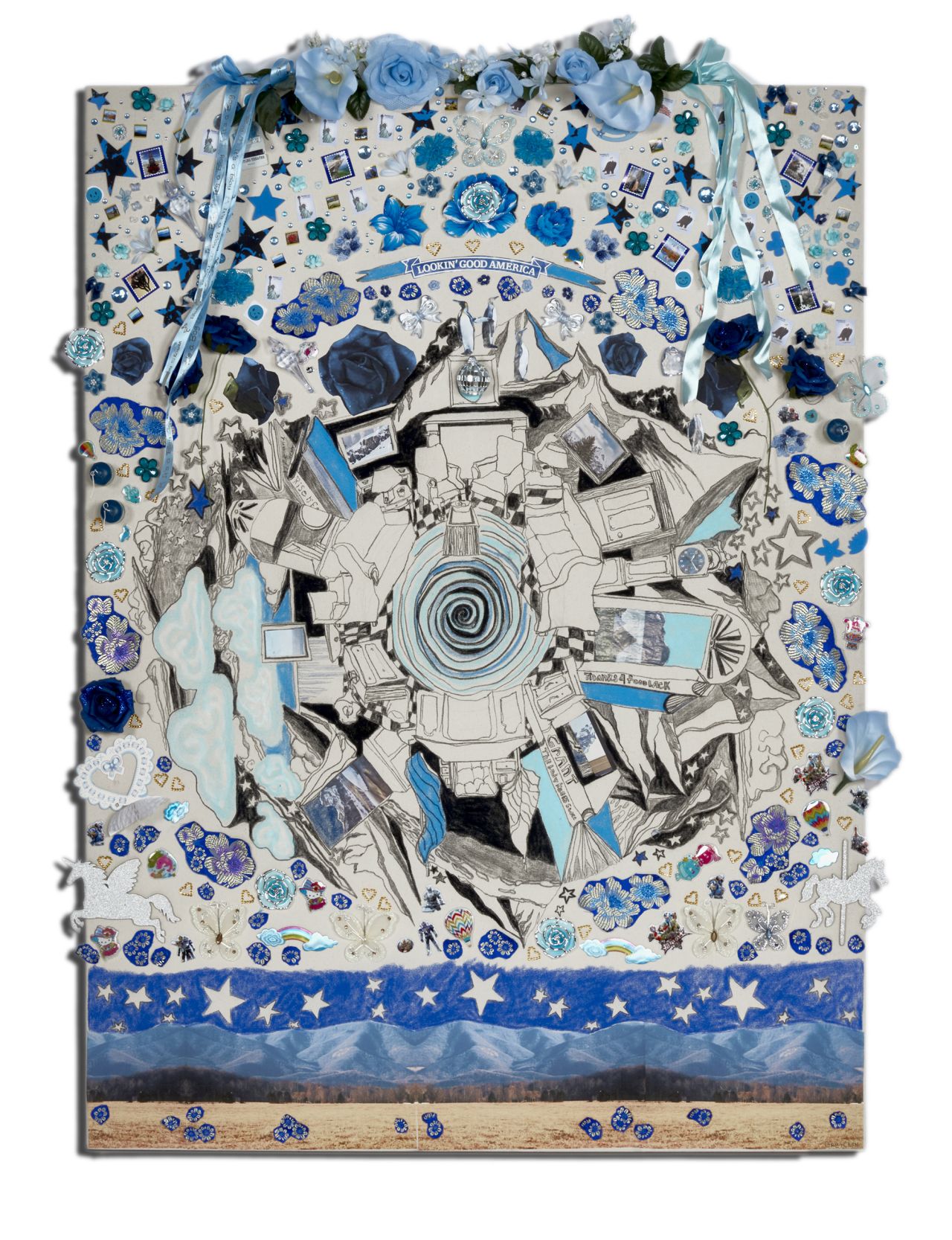 Andrew's artworks are playful and feminine, made in part with materials from craft and party supply stores.