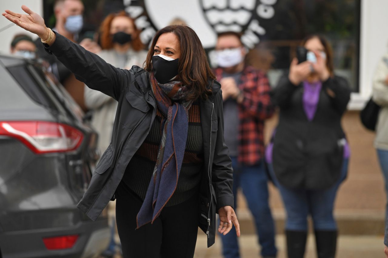 Harris waves to supporters at a campaign event in Lakewood, Ohio, in October 2020.