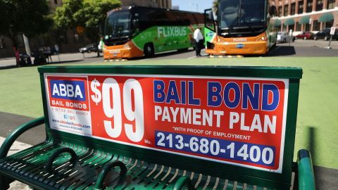A sign advertises a bail bond company in Los Angeles. 