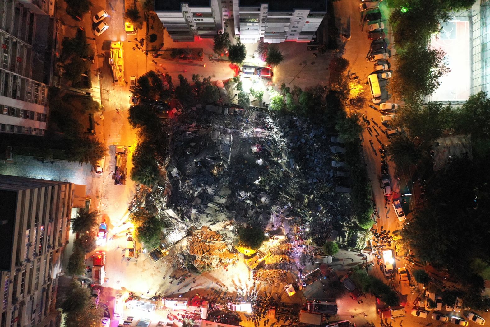 This aerial photo shows a collapsed building in the Bornova district of Izmir.