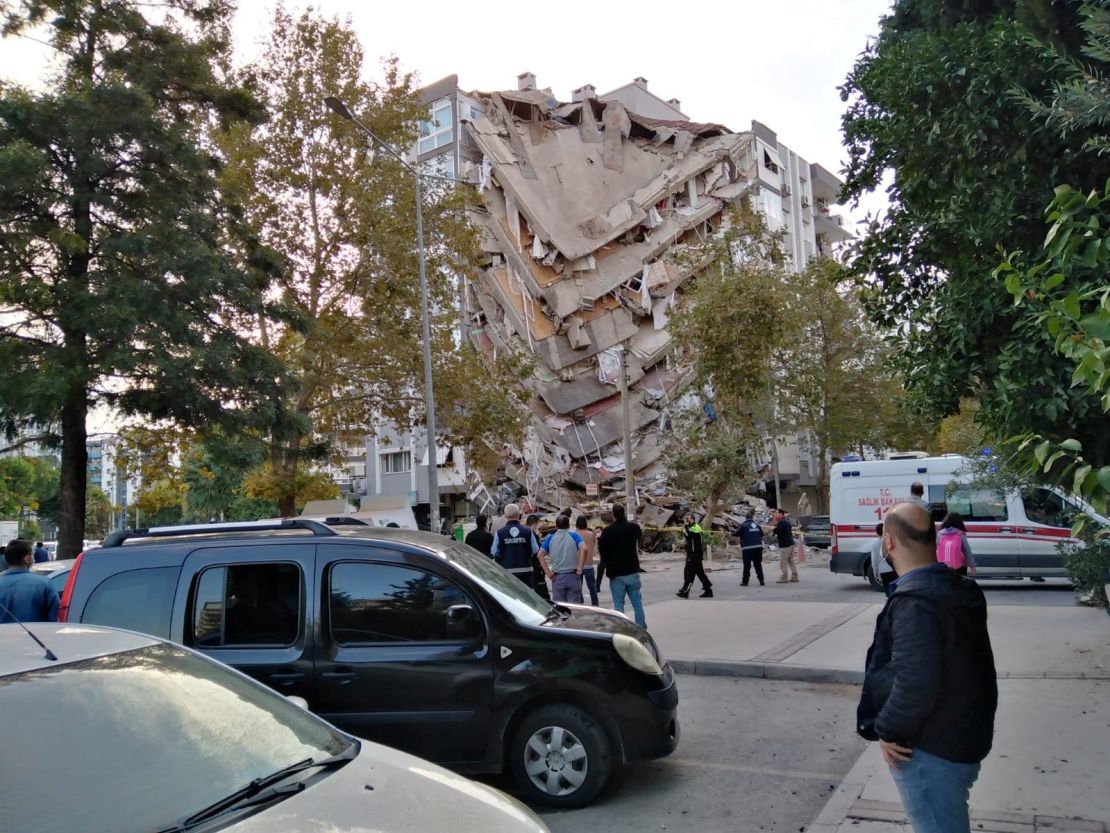 A damaged building after the earthquake struck on Friday in the coastal province of Izmir, Turkey.