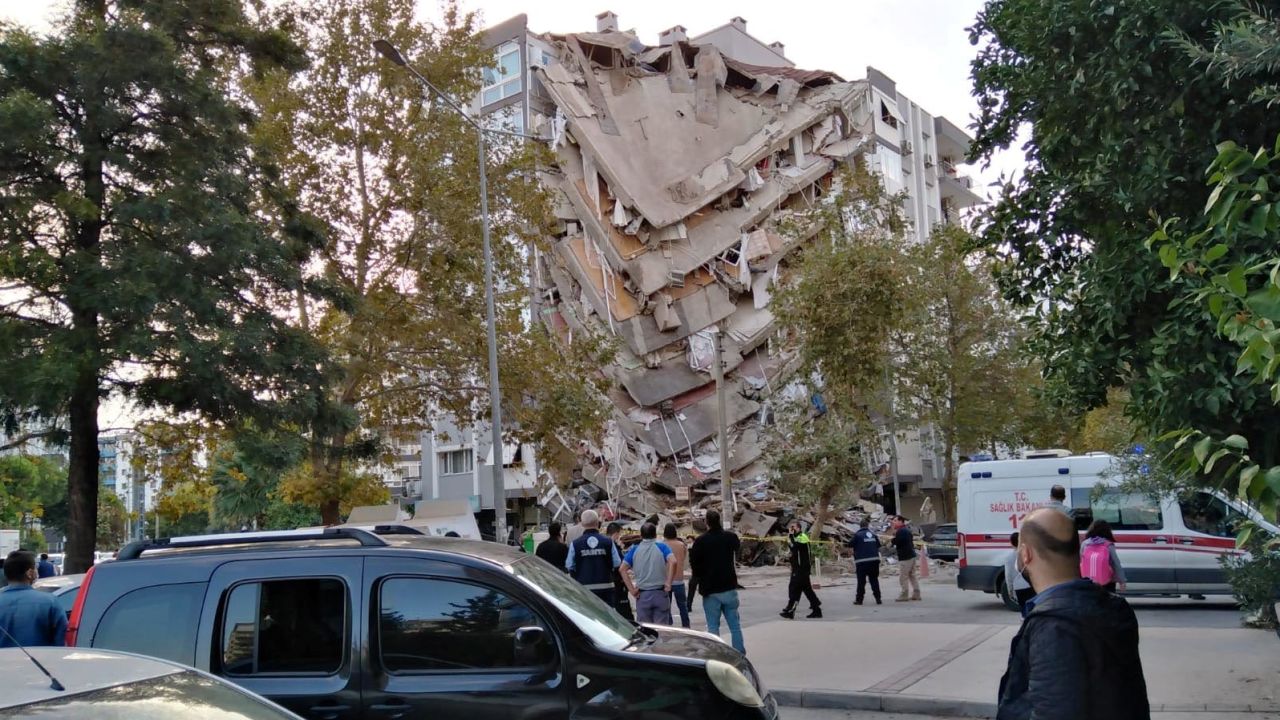 A damaged building after the earthquake struck on Friday in the coastal province of Izmir, Turkey.