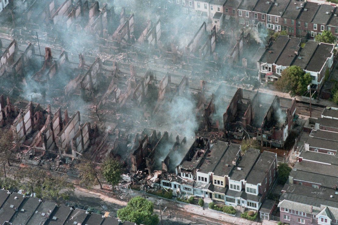 Flames spread after police dropped a bomb on May 13, 1985 in West Philadelphia, destroying 61 homes.