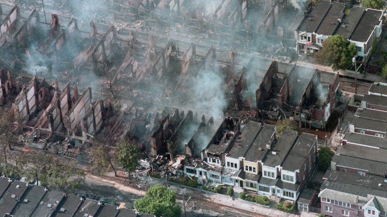 Flames spread after police dropped a bomb on May 13, 1985 in West Philadelphia, destroying 61 homes.