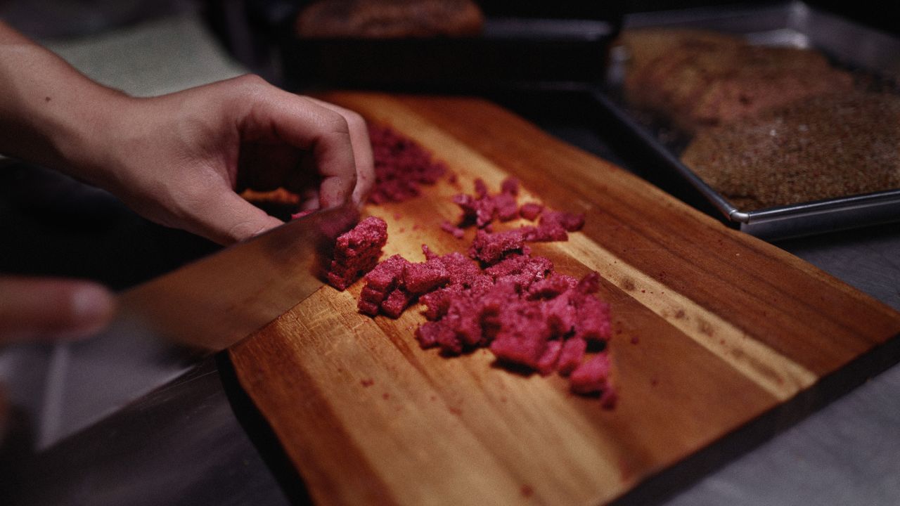 The feather-based meat substitute can be sliced, minced, or formed into different shapes. 