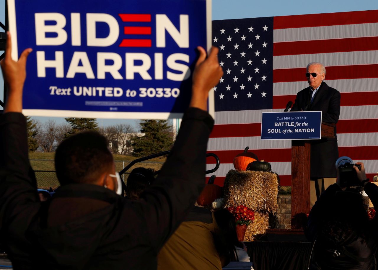Biden holds a drive-in rally in St. Paul, Minnesota, on October 30.