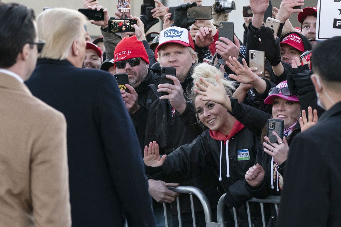 President Trump greets supporters before speaking at a campaign rally on October 30, 2020, in Rochester, Minnesota.